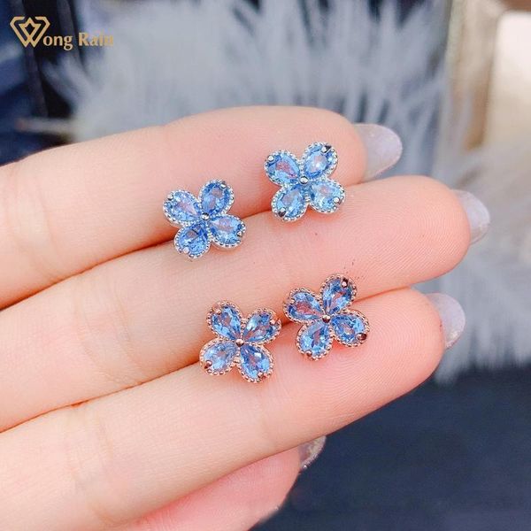 

stud wong rain romantic 925 sterling silver natural blue z created moissanite gemstone flowers ear studs earrings fine jewelry, Golden;silver