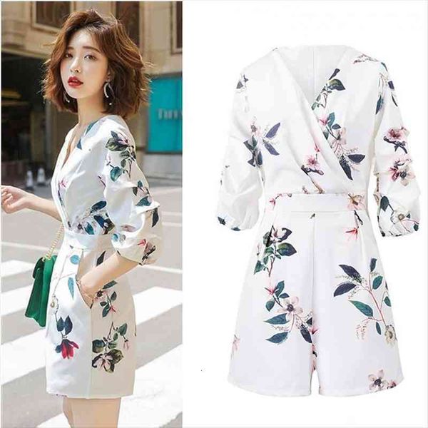 

womens v neck lantern sleeve print playsuits ladys vintage spring summer wide leg shorts nice casual party jumpsuits cc241, Black;white