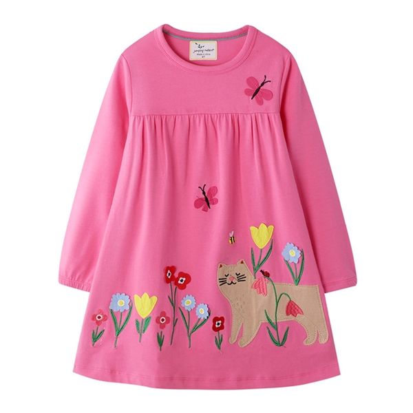 Cat Applique Girls Abiti Cotton Princess Long Sleeve Baby Dress Animali Bambini Costume Party Cute 210727