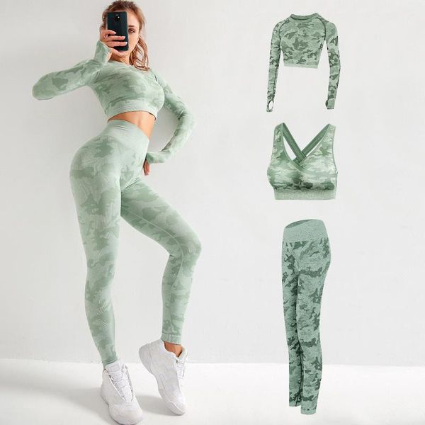 

yoga outfit seamless camouflage fitness suit slim sports long sleeve trousers bra 1/2/3 piece set running quick dry clothes