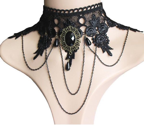 

chokers european and american punk wide neck ornaments black lace necklace dinner dress exaggerated tassel pendant clavicle chain women, Golden;silver