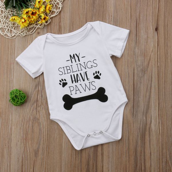 

my siblings have paws print short sleeve bodysuit for baby boy and girls, White