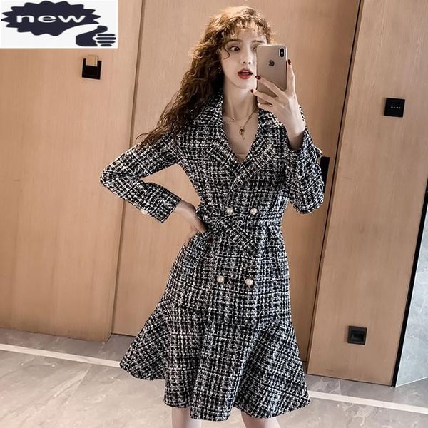 

casual dresses elegant warm tweed women slim double breasted ruffle medium long jacket autumn winter sashes office lady outwear dress, Black;gray