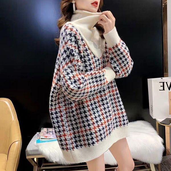 

vintage autumn winter houndstooth turtleneck female sweater 2021 knitwear casual long sleeve knitted pullovers for women women's sweate, White;black