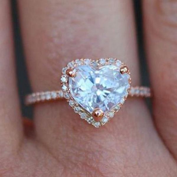 

cluster rings romantic women heart cut crystal zircon ring classic three prong setting engagement for party wedding jewelry, Golden;silver