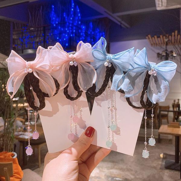 

hair accessories girls headdress pure color net yarn bowknot round bead chain tassel pendant baby clip for children fashion, Slivery;white