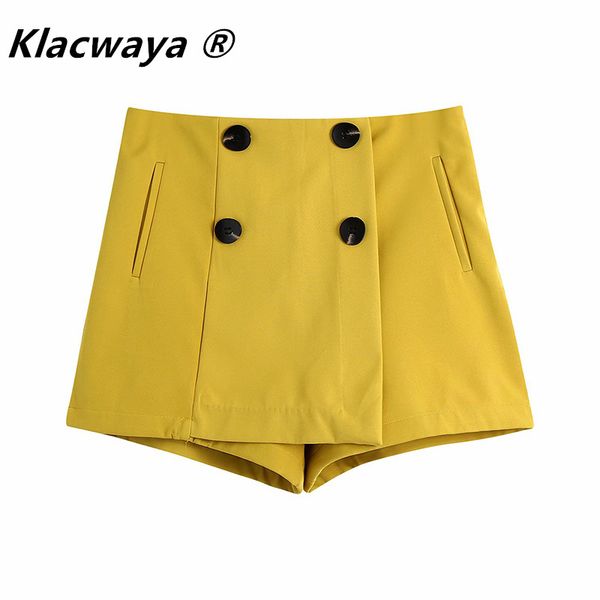 

women's spring fashion buttoned casual yellow short culottes temperament high waist straight shorts 210521, White;black