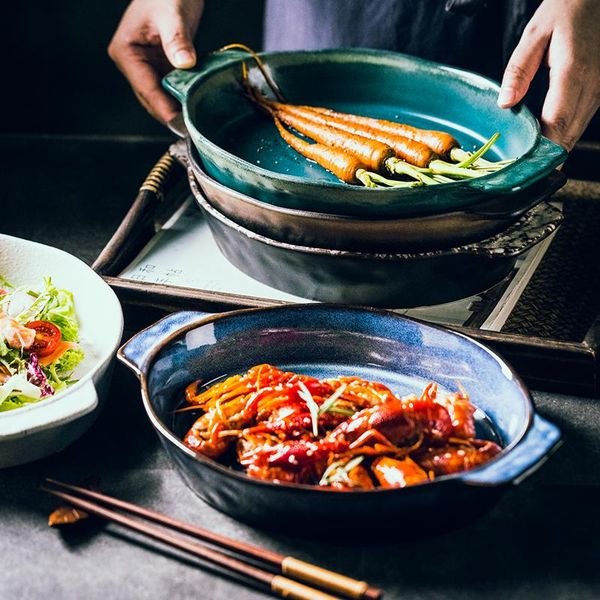 

dishes & plates creative ceramic binaural baking pan japanese large capacity oval plate breakfast salad fruit household kitchen tableware