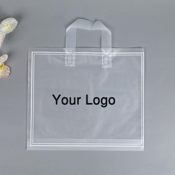 

storage bags 100 pcs custom logo transparent plastic for business gift clothing pack with loop handle shopping personalized
