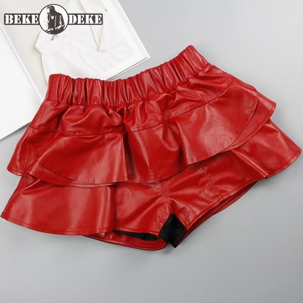 

women's shorts design sweet ruffle genuine leather skirt women elastic waist red black green gray sheepskin female mini trousers, White;black