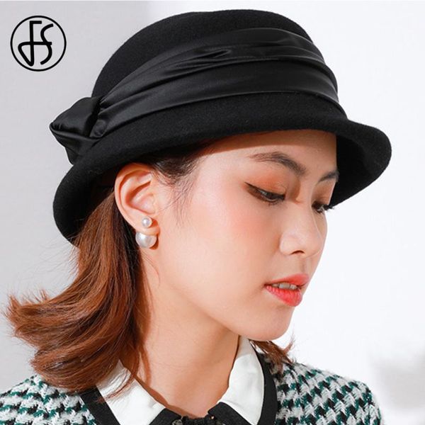 

stingy brim hats fs 2021 fashionable wool felt fedora for women winter warm cloche basin hat fedoras bowler cap with bow ribbon, Blue;gray