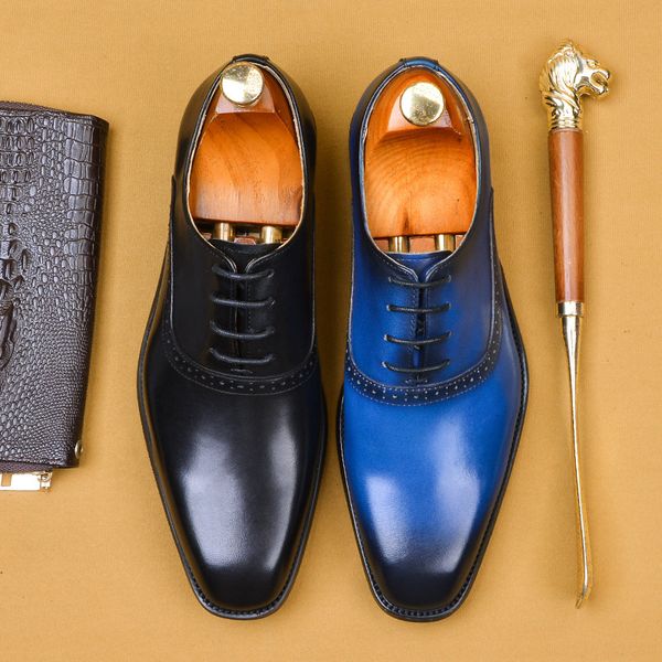 

Lacing Mens Formal Shoes Genuine Leather Size  Office Business Wedding Brogue Oxford Shoe Black Blue Square Head Men Dress Shoe