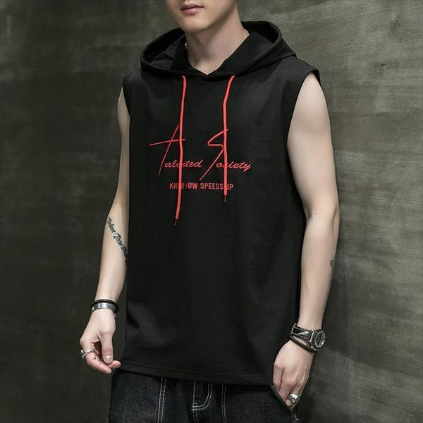 

men bodybuilding cotton tank gyms fitness hooded vest sleeveless shirt summer casual sportwear workout clothing, White;black