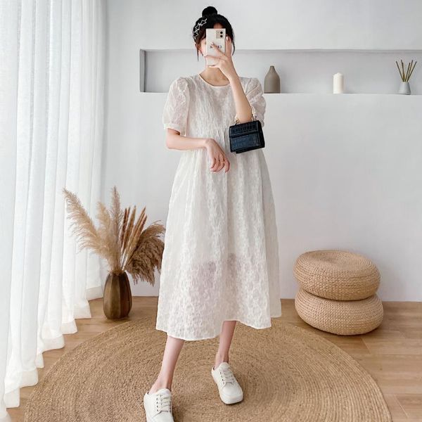 

maternity dresses 346# dress summer short sleeves korean style o neck solid color cotton loose a line pregnant women plus size, White