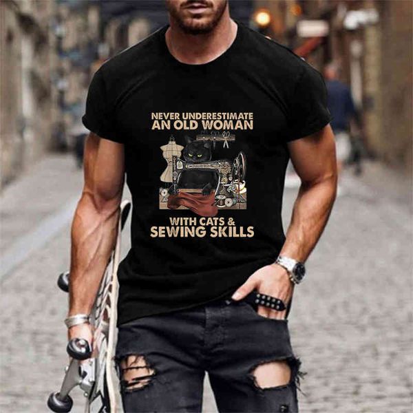 

men's t-shirts never under estimation and old women with cats "-knitting impression skills, vintage male shirt bored cat 4dph, White;black