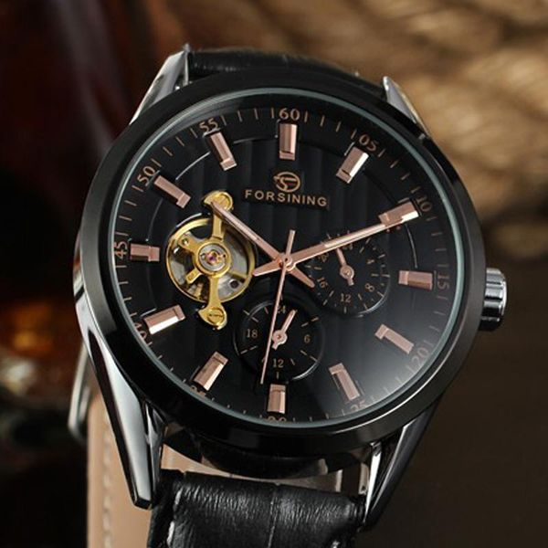 

wristwatches forsining men tourbillon watches leather band automatic mechanical casual man watch reloj hombre relogio masculino, Slivery;brown