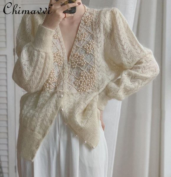 

women's knits & tees pearl beaded cardigan for women long-sleeve mohair sweater coat 2021 autumn fashion hollow feminine all-match, White