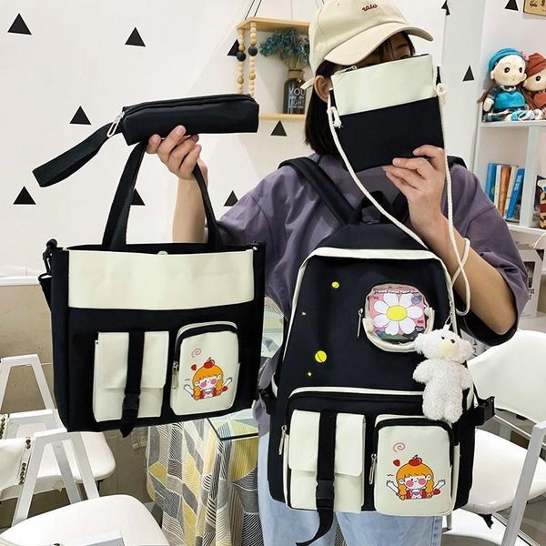 

school bags 4 piece blue women backpack japanese kawaii canvas student schooltas high capacity waterproof light weight travel