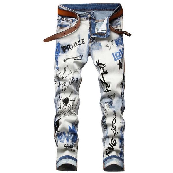 

men's jeans mens personality graffiti printing hip hop elasticity denim pants streetwear stretch male straight trousers, Blue