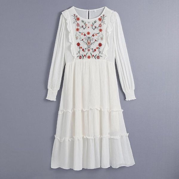 

casual dresses mid length women's dress 2021 european and american style spring summer fashion long sleeve ruffle embroidered ss489, Black;gray