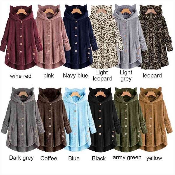 

plush harajuku irregular hem womens hoodies fluffy fleece coat kawaii cat ear buttons solid female teddy, Black