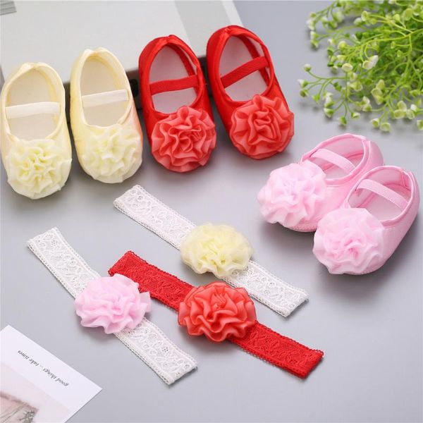 

first walkers #ew 1pc hair belt + flowers applique soft sole solid single shoes born baby girls elastic band princess cotton