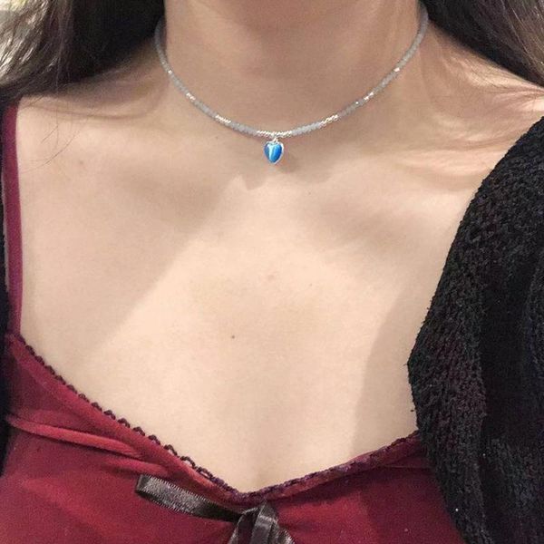 

pendant necklaces aomu women fashion simple cute transparent blue crystal beaded love heart acrylic necklace for girls jewelry, Silver