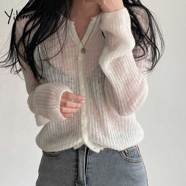 

yitimuceng knited women sweaters button up loose long sleeve summer korean fashion white green blue yellow orange 210601