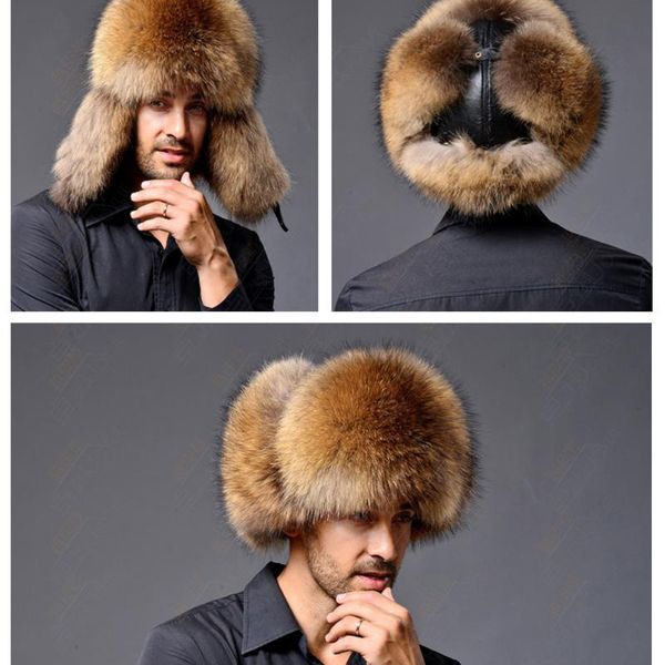 

russian men lamb leather bomber faux raccoon fur hat winter hats with earmuffs trapper earflap ski outdoor cap man black, Black;white