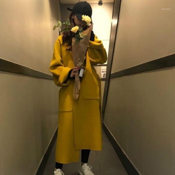 

women's wool & blends black yellow lapel jacket women elegant fashion winter long woolen coat cardigan warm loose bandage big outwear c