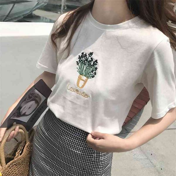 

summer cute flower embroidered white loose cotton casual short sleeve female t-shirts 210708