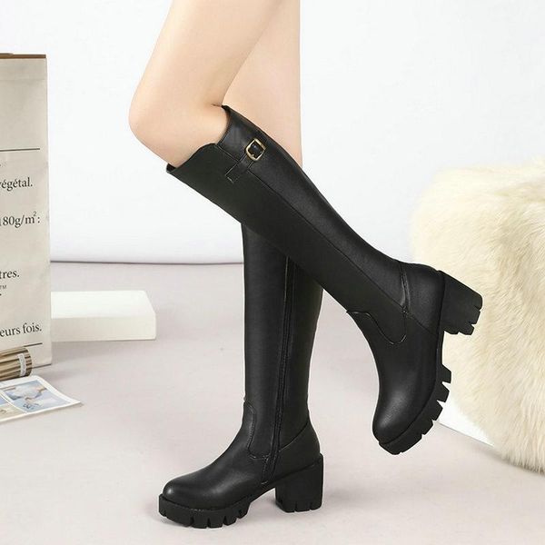 

boots women's shoes fashion square root side zipper knight women winter non slip thick soled warm, Black