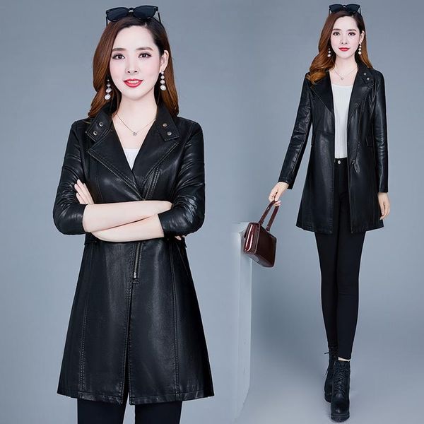 

women's leather & faux jacket spring pu korean version of the middle and long autumn fashion coat locomotive windbreaker slim black
