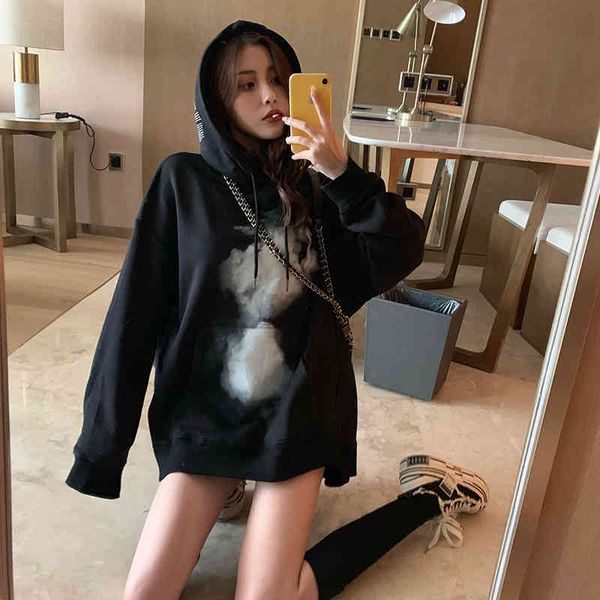 

winter all-match ladies loose lazy black hooded printed long-sleeved plus fleece sweater women 210514