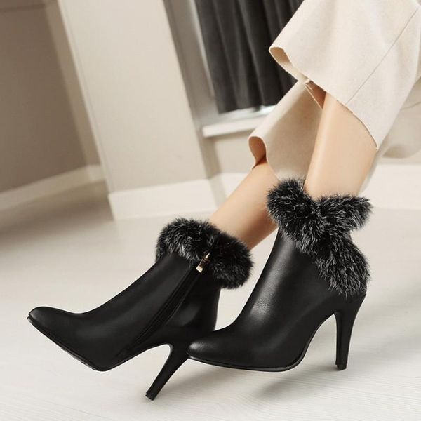 

boots ochanmeb real fur women's warm fleece high heels ankle woman winter snow booties plus size 43 shoes red white, Black