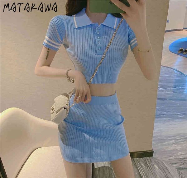 

matakawa fashion two-piece set women summer tshirt women's knitted high waist skirts bodycon skirt 210513, White