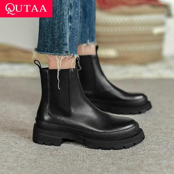 

boots qutaa 2022 autumn winter ankle fashion flat heel slip on women shoes retro square toe cow leather short size 34-39, Black