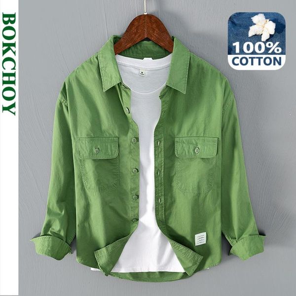 

men's casual shirts 2021 autumn winter men retro workwear button up long sleeve pure cotton solid color thin coat gb-1251, White;black