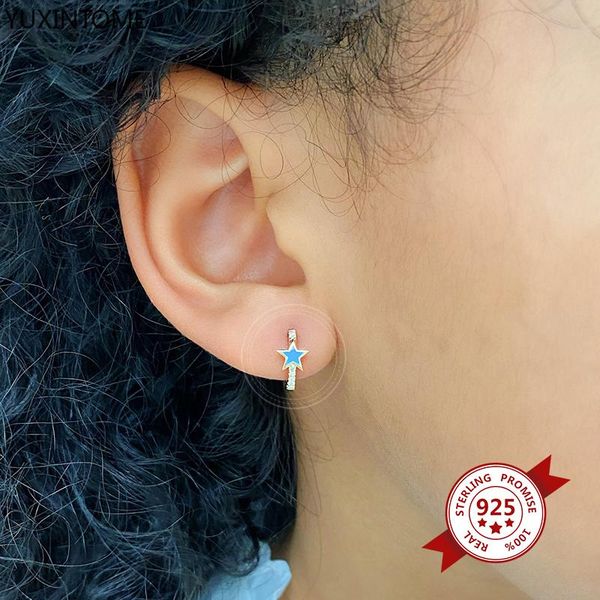 

hoop & huggie 925 sterling silver ear buckle star earrings for women green/blue/pink enamel gold color jewelry gift accessories, Golden;silver