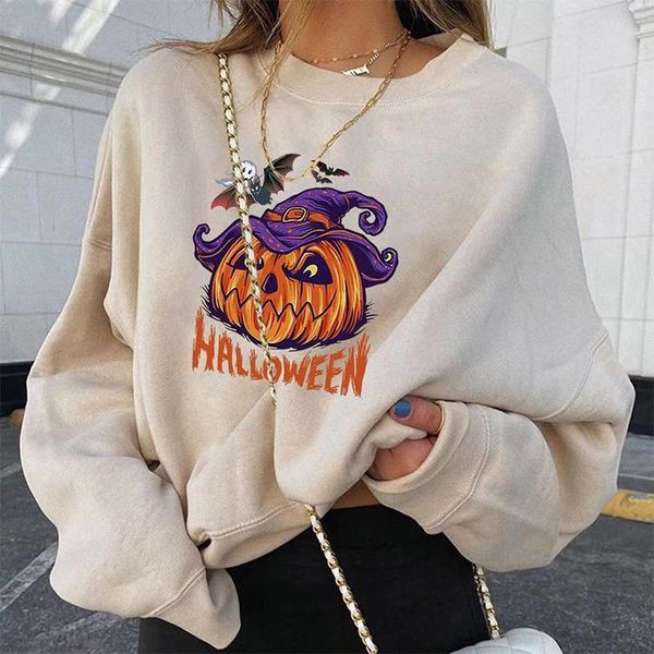 

women's hoodies & sweatshirts 2021 streetwear halloween skull print loose women round neck long sleeve pullovers casual femme harajuku, Black