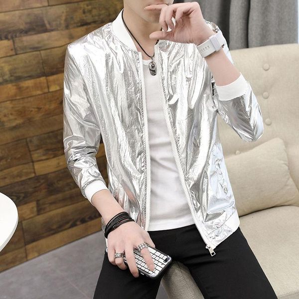 

men's jackets 2021 spring thin short gold silver jacket handsome beautiful bright leather clothes windbreaker, Black;brown