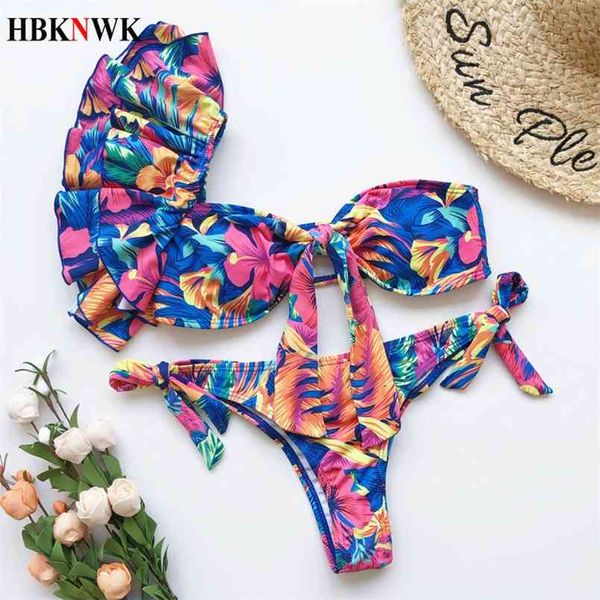 Sexy um ombro biquínis conjunto plissado swimwear mulheres swimsuit tanga brasileiro biquini fêmea 2 peças de banho terno praia desgaste 210722