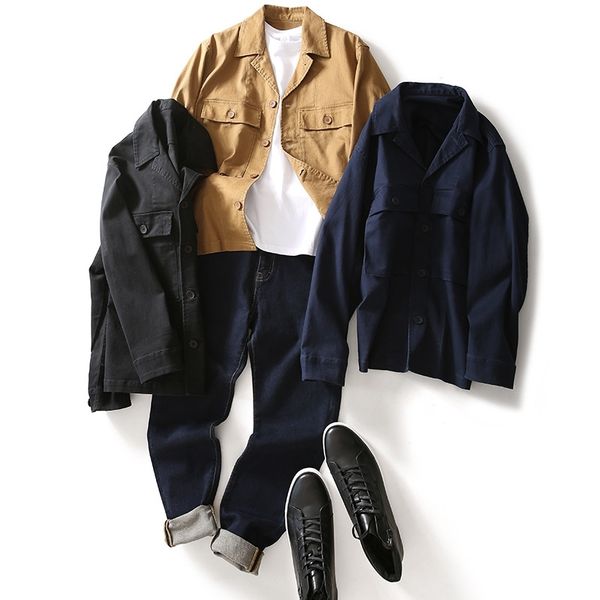 

cotton elastic washed spring men's three-dimensional pocket cuban collar work shirt navy jacket t8037, Black