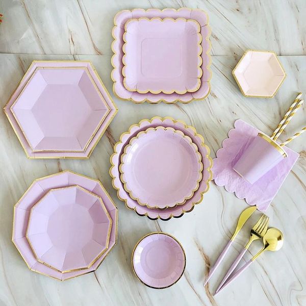 

disposable dinnerware purple party tableware set paper plate straw napkin cup gold for wedding birthday decoration supplie