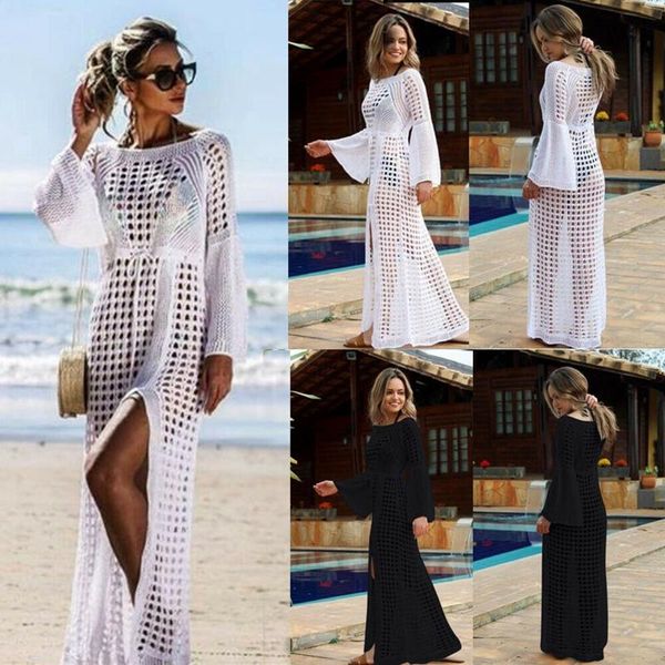 

fashion women's beach bikini cover up long summer sleeve solid hollow out see through swimwear, White;black