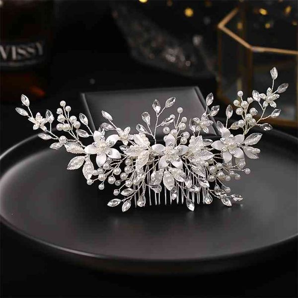 Handmade prata cor flor cabelo pente pérola acessórios para mulheres noiva casamento tiara 210707