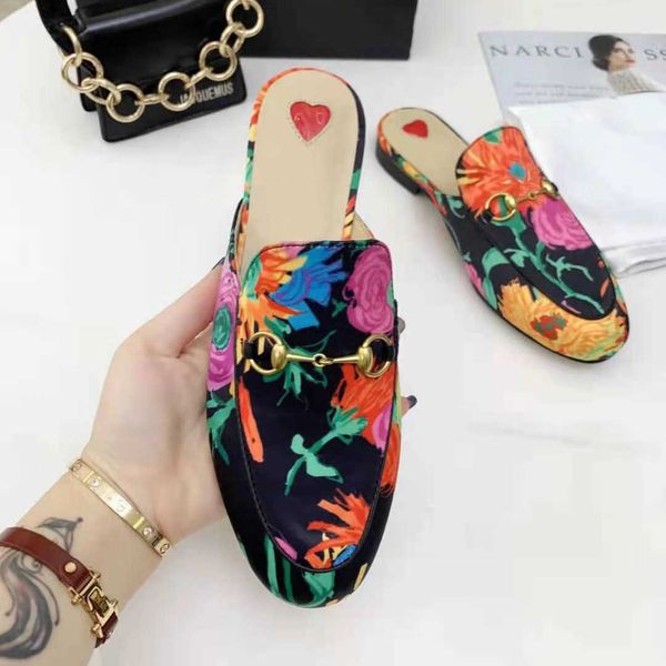 

designer women summer princetown slippers flower language series mules loafers genuine leather flats with buckle bees snake pattern box, Black