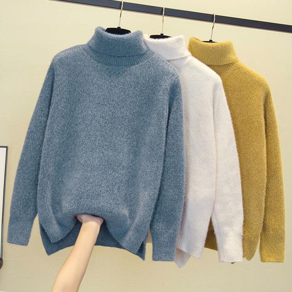 

women's sweaters high necked mink sweater pullover in autumn and winter 2021 loose lazy wind thickened base coat, White;black