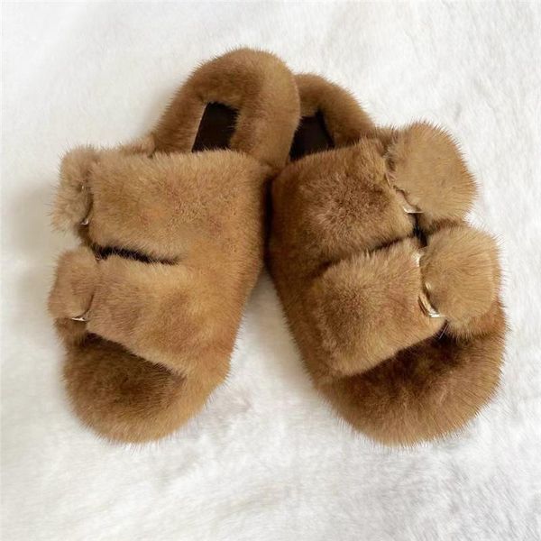 

slippers style ladies 100% mink casual flat shoes home women outdoor, Black