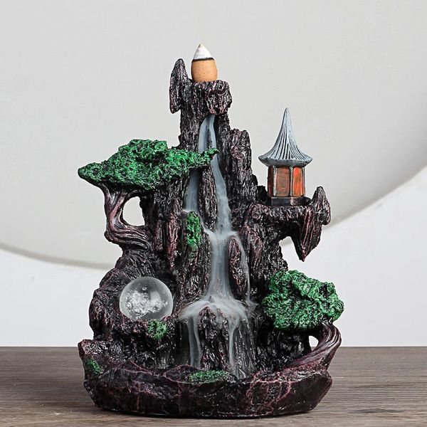 

resin backflow incense burner smoke waterfall sticks holder 20 pcs cones lofty mountains and flowing water ornaments fragrance lamps